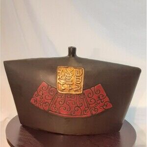Modern Large Vase w/ Gold Egyptian Glyphs & Red Decorative Panels